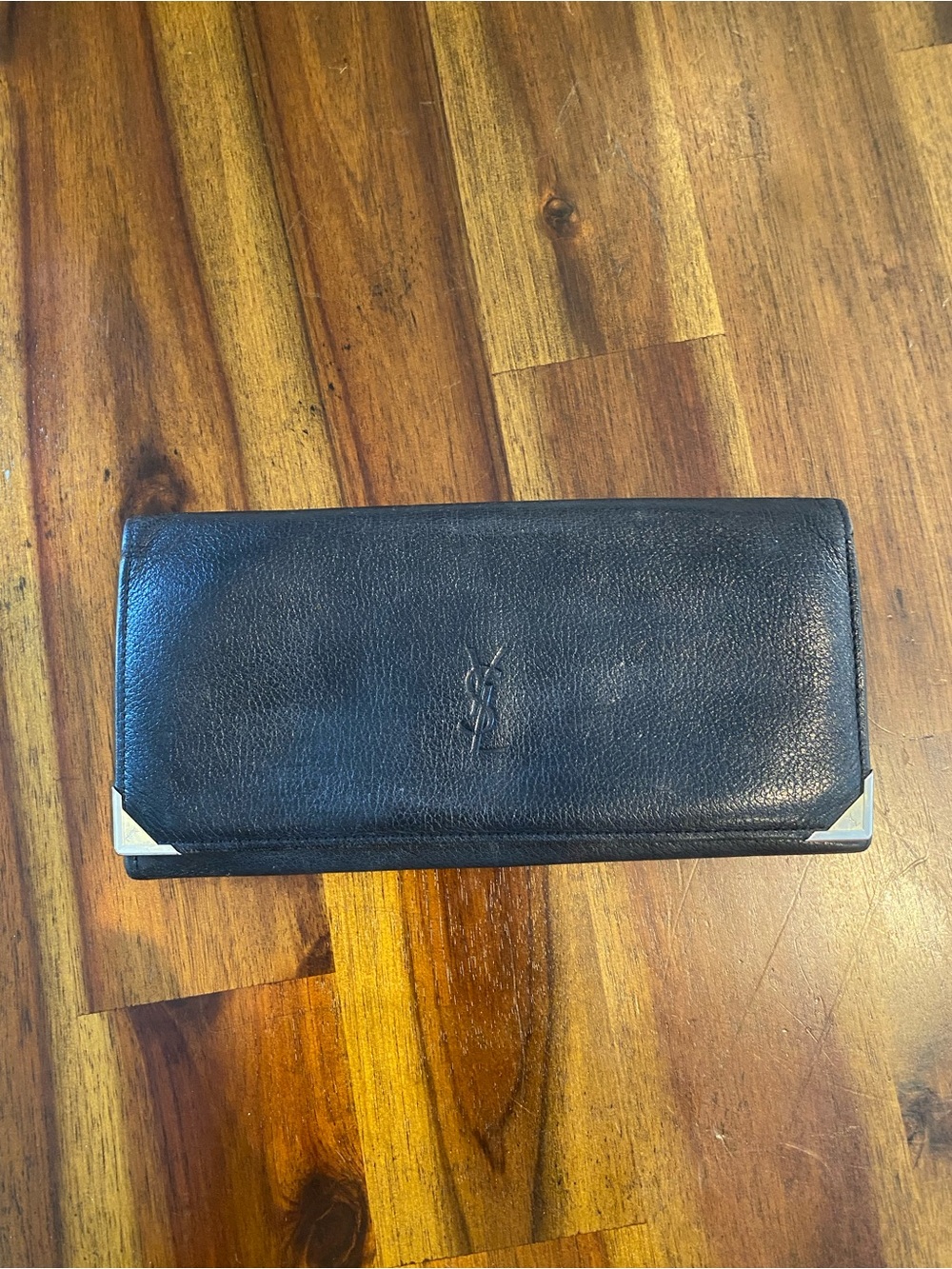 Saint Laurent Black Leather Continental Wallet with Silver Corner Hardware